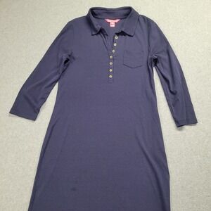 Lilly Pulitzer Navy Blue 3/4 Sleeve Polo Shirt Dress Gold Buttons Size Medium